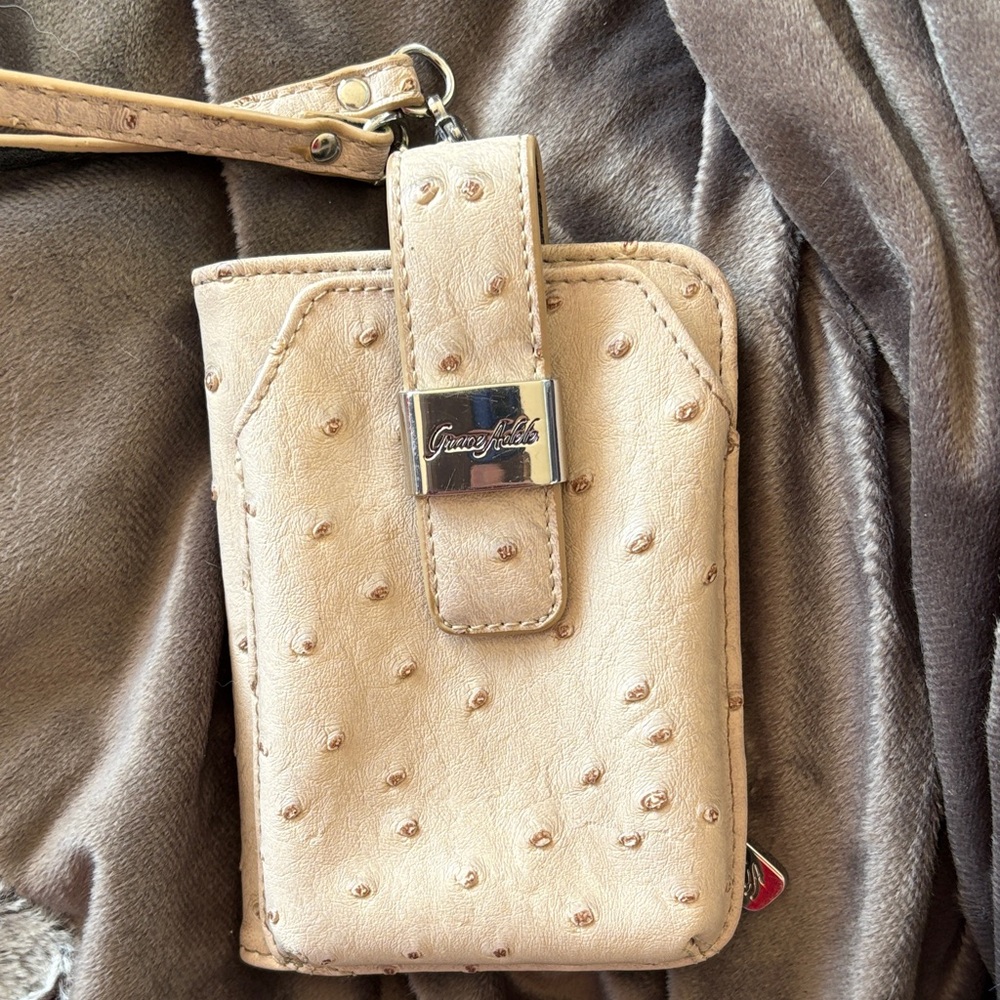 Grace Adele Beige Ostrich-Texture Wristlet Phone Case with Logo Plaque
